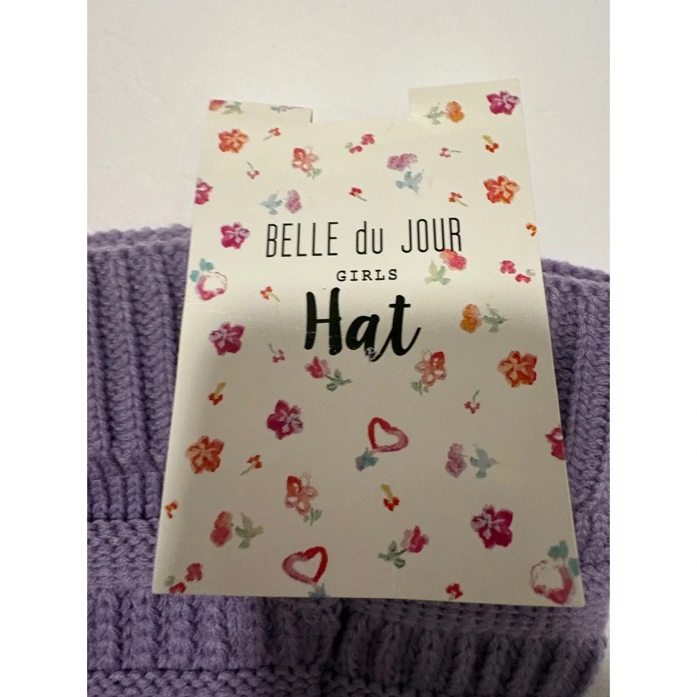 Belle Du Jour Girls Purple Knit Beanie Hat White Faux Fur Pom Pom New NWT